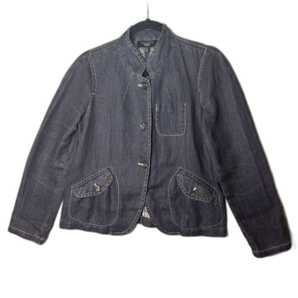 Talbots Petites Blazer Jacket Size Petite 2P Blue 100% Linen Preppy Career